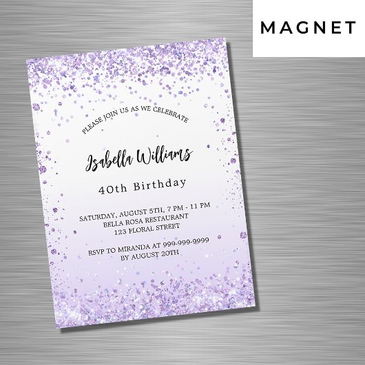 Birthday violet lavender sparkles script luxe magnetische uitnodiging