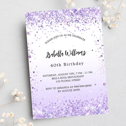 Birthday violet lavender sparkles uitnodiging briefkaart