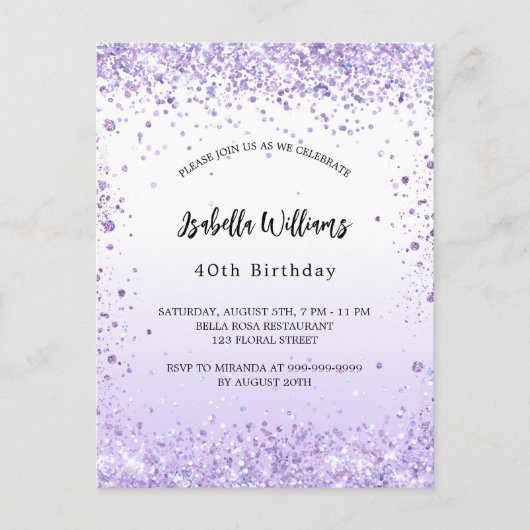Birthday violet lavender sparkles uitnodiging briefkaart (Voorkant)