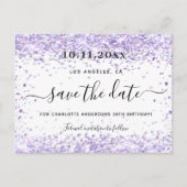 Birthday violet paars glitter save the date aankondigingskaart (Voorkant)