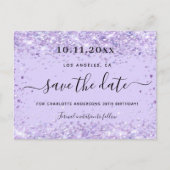 Birthday violet paars glitter save the date aankondigingskaart (Voorkant)