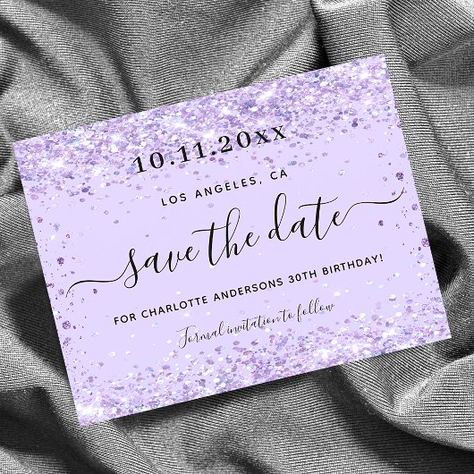 Birthday violet paars glitter save the date aankondigingskaart