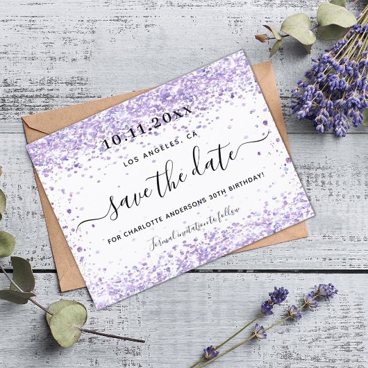 Birthday violet paars glitter save the date aankondigingskaart