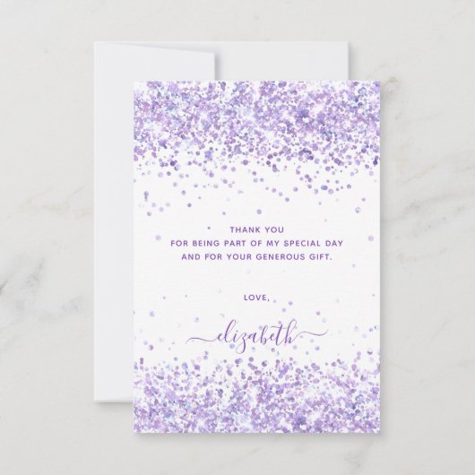 Birthday violet paarse glitter white Dankuwel Bedankkaart (Achterkant)