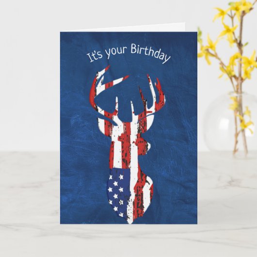 Birthday vlag Deer op blauw leder Kaart (Gele Bloem)