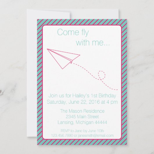 Birthday, vliegtuig met roze en Aqua Paper, uitnod Kaart (Voorkant)