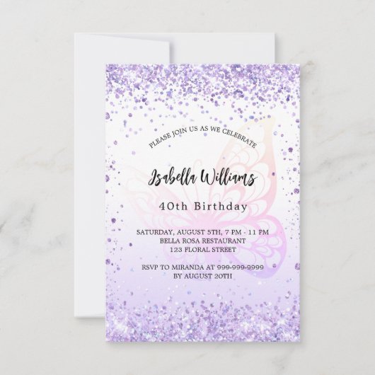 Birthday vlinder violet lavender script kaart (Voorkant)