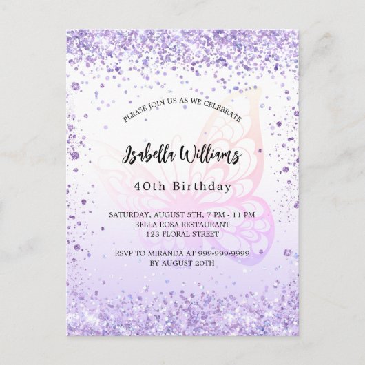 Birthday vlinder violet lavender script uitnodiging briefkaart (Voorkant)