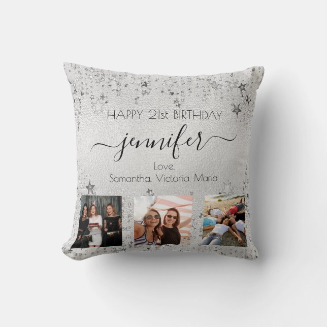 Birthday vriend Silver Collage Name script Kussen (Voorkant)
