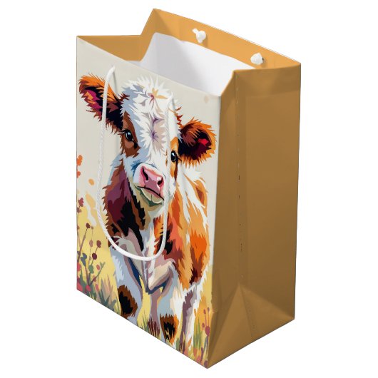 Birthday Watercolor Calf In Field Flowers Medium Cadeauzakje (Voorkant Gekanteld)