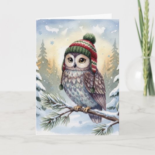 Birthday Watercolor Owl In Winter Hat Kaart (Voorkant)