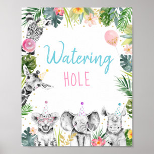 Birthday Watering Hole Pink Gold Tropical Safari Poster