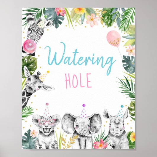 Birthday Watering Hole Pink Gold Tropical Safari Poster (Voorkant)