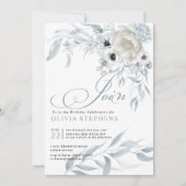 Birthday Waterverf Bleek Dusty Blue Floral Kaart (Voorkant)