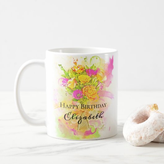 Birthday Waterverf Flower Bouquet Koffiemok (Met donut)