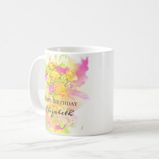 Birthday Waterverf Flower Bouquet Koffiemok (Voorkant links)