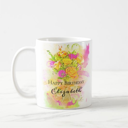 Birthday Waterverf Flower Bouquet Koffiemok (Links)