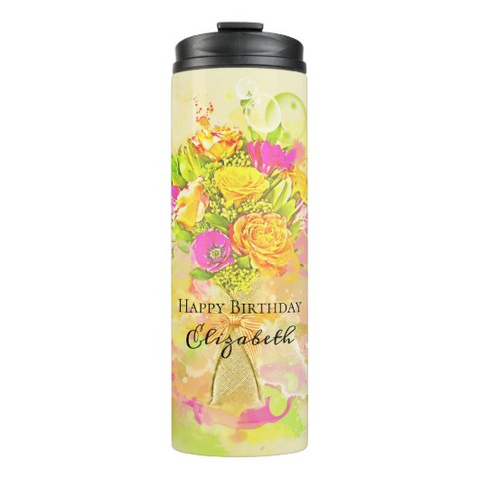Birthday Waterverf Flower Bouquet Thermosbeker (Voorkant)
