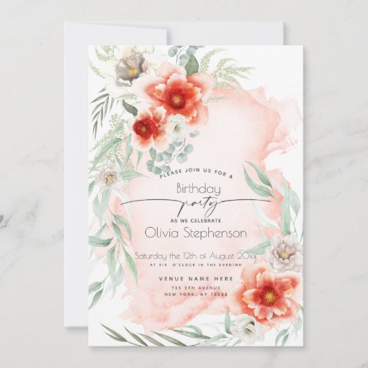 Birthday | Waterverf Scarlet Flame Floral Kaart (Voorkant)