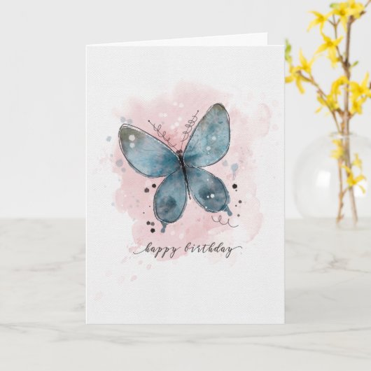 Birthday Waterverf Sketchy Doodle Butterfly Kaart (Gele Bloem)