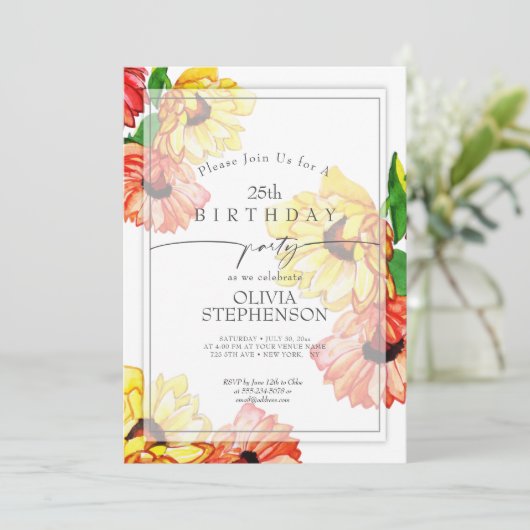 Birthday | Waterverf Yellow en Red Gerbera Daisy Kaart (Staand voorkant)