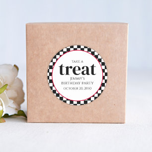 Birthday Whimsical Cute Black Checkun Treat Ronde Sticker