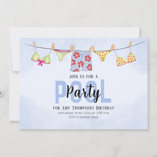 Birthday Whimsical Pool Party Swimsuit QR Code Kaart (Voorkant)