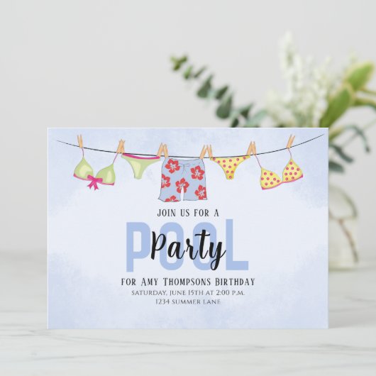 Birthday Whimsical Pool Party Swimsuit QR Code Kaart (Staand voorkant)