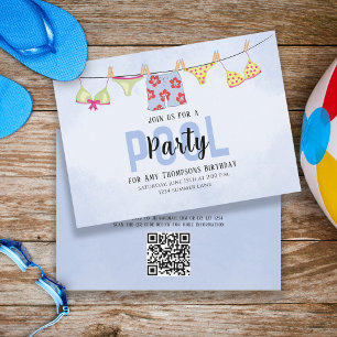Birthday Whimsical Pool Party Swimsuit QR Code Kaart