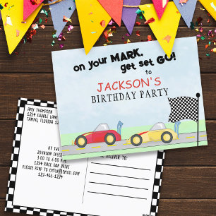Birthday Whimsical Race Cars Track Checkered Flag Briefkaart
