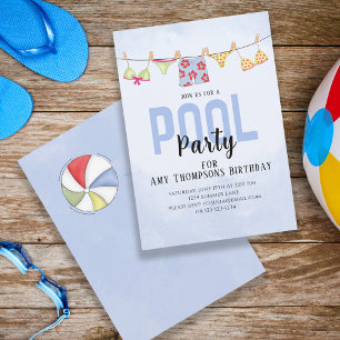 Birthday Whimsical Summer Pool Fun Swimsuit party Kaart