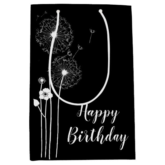 Birthday White Dandelions on Black Medium Cadeauzakje (Voorkant)