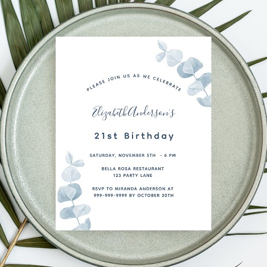 Birthday white eucalyptus budget uitnodiging flyer