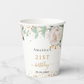 Birthday white floral eucalyptus glitter monogram papieren bekers (Achterkant)