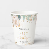 Birthday white floral eucalyptus glitter monogram papieren bekers (Voorkant)