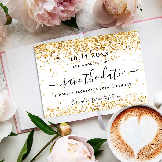 Birthday white gold elegant Save the Date Aankondigingskaart