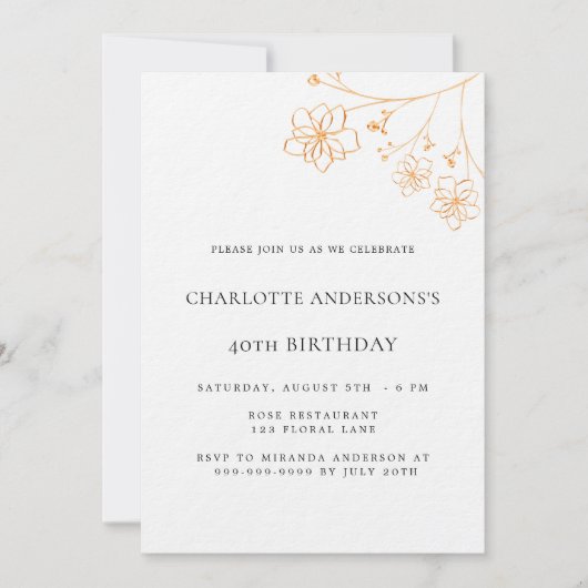 Birthday white gold floral elegant luxe kaart (Voorkant)