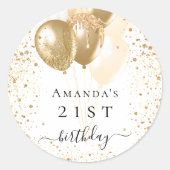 Birthday white gold glitter ballonnen name ronde sticker (Voorkant)