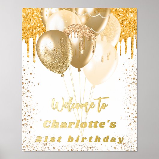 Birthday White gold glitter ballonnen welkom Folie Afdrukken (Voorkant)