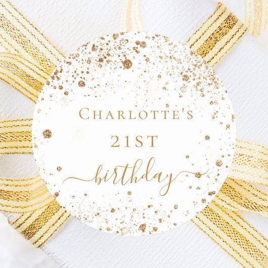 Birthday white gouglitter monogram script, favorie ronde sticker
