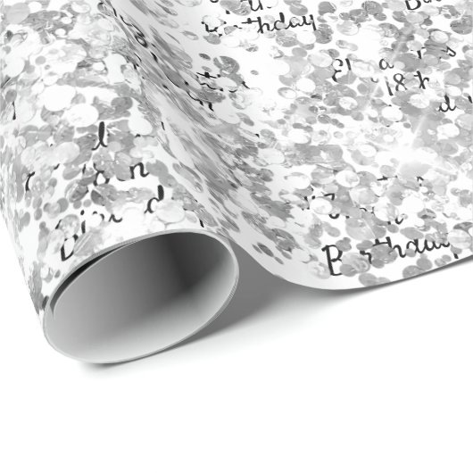 Birthday white Silver confetti sparkle name Cadeaupapier (Rol Hoek)