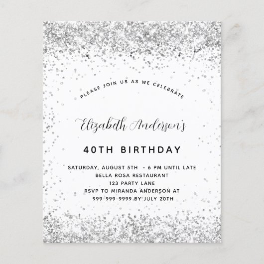 Birthday white Silver Glitter budgetuitnodiging Flyer (Voorkant)