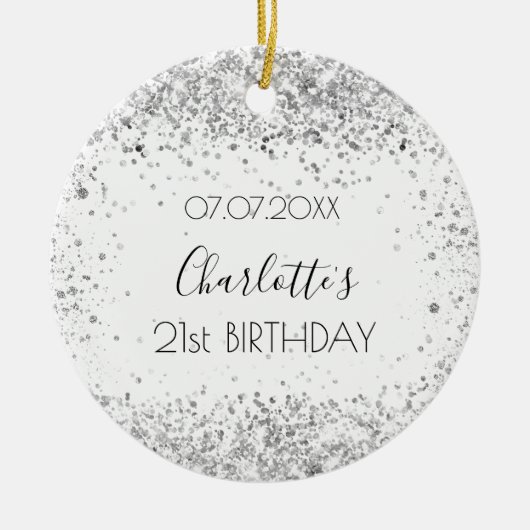 Birthday white Silver Glitter Name Keramisch Ornament (Voorkant)