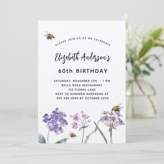 Birthday wildbloemen violet roze bijen natuur kaart (Staand voorkant)