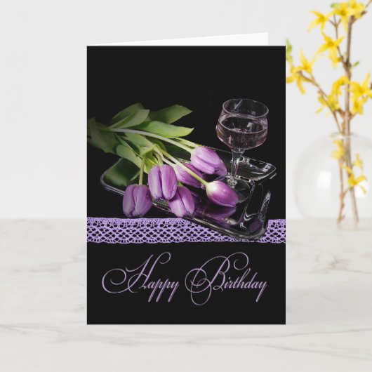 Birthday Wine en Tulips Kaart (Gele Bloem)