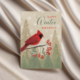 Birthday Winter Trees Berries and Cardinal  Kaart