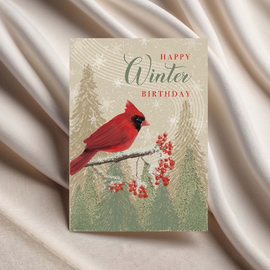 Birthday Winter Trees Berries and Cardinal  Kaart