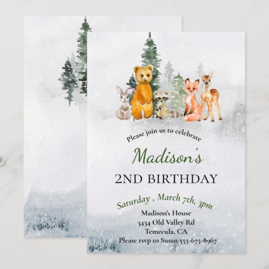 Birthday Winter Woodland Animals Holiday Kaart (Voorkant / Achterkant)