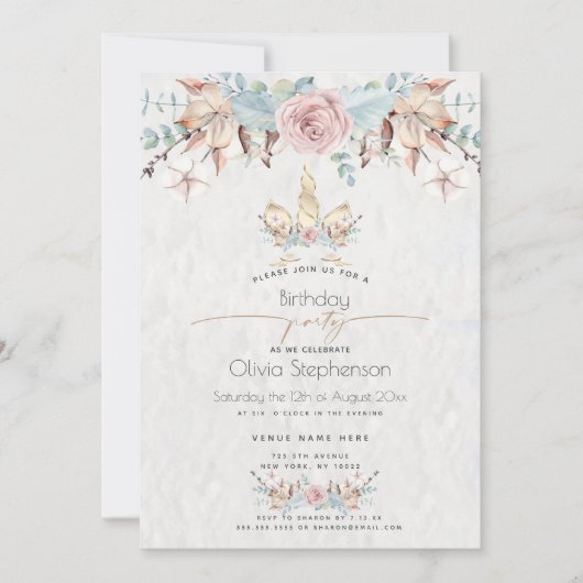 Birthday | Winterbos Floral Gold Unicorn Kaart (Voorkant)