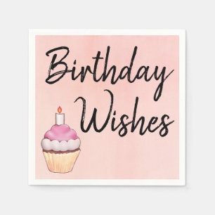 Birthday Wishes Pink Cupcake Waterverf Servet